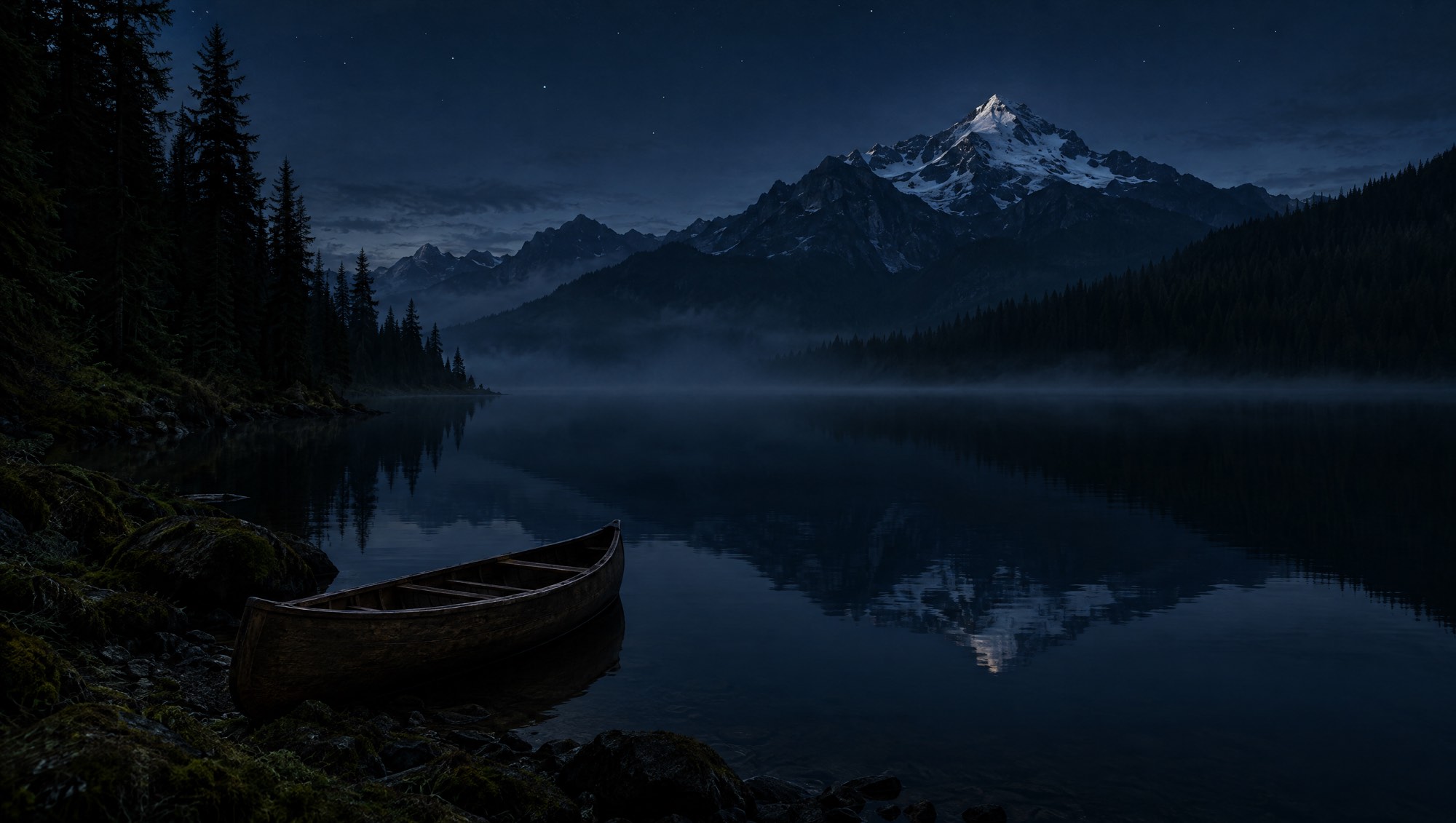 A still mountain lake before dawn with a single canoe on the water