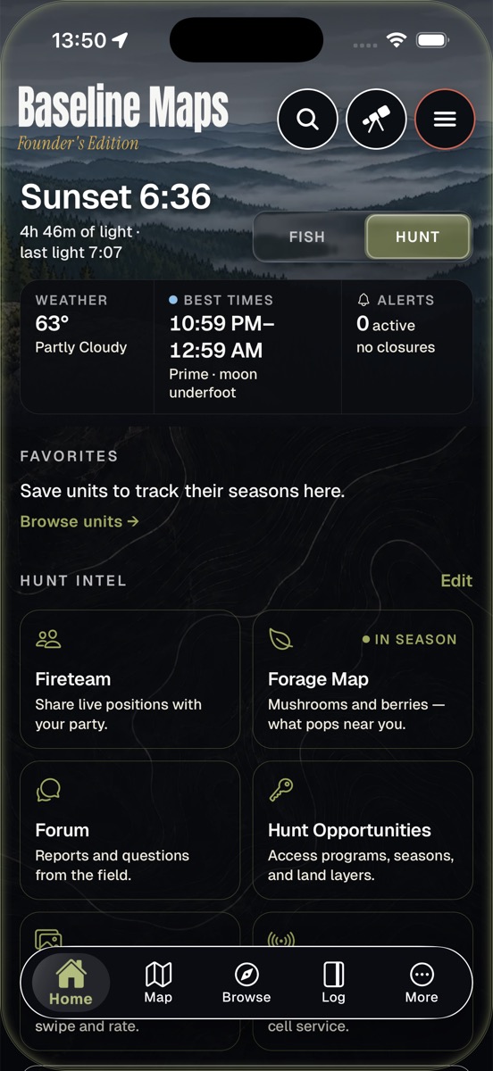 Home screen in Hunt mode with sunset time, best times, and Hunt Intel tiles