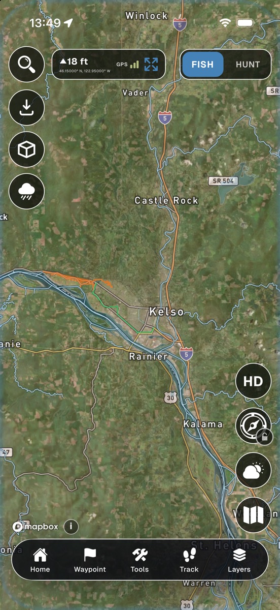 Fishing map on satellite along the Cowlitz and Columbia near Kelso