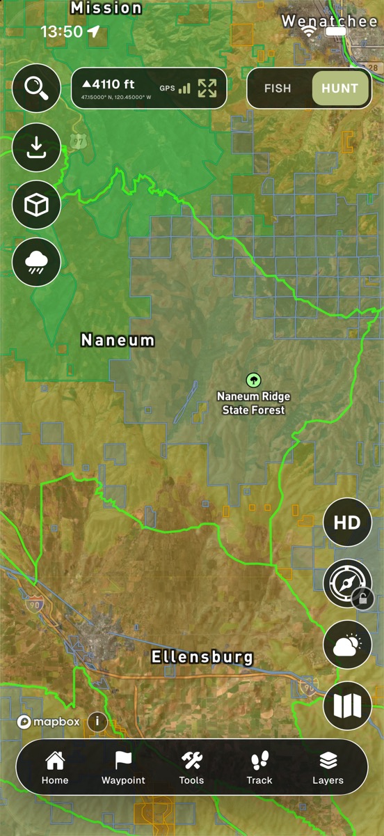 Hunt map over the Naneum unit near Ellensburg with GMU boundaries, public land, and section grid