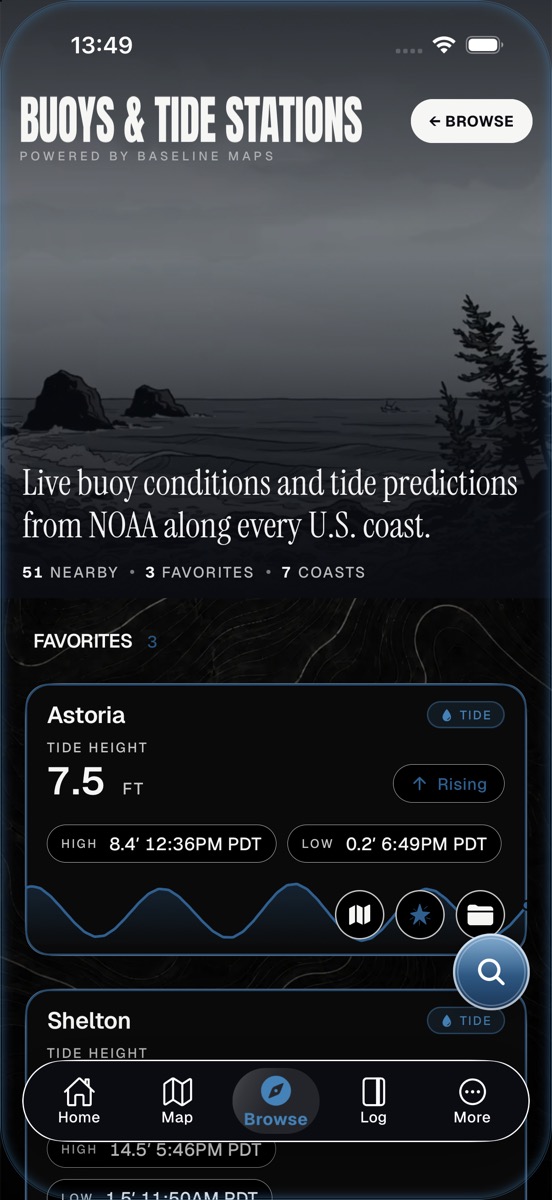 Buoys and Tide Stations: Astoria at 7.5 ft and rising, with high and low times