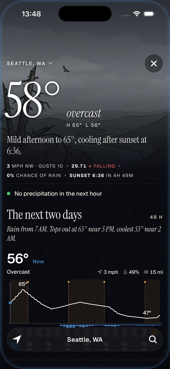 Weather: 58 degrees and overcast in Seattle, wind, pressure falling, and a 48-hour temperature curve