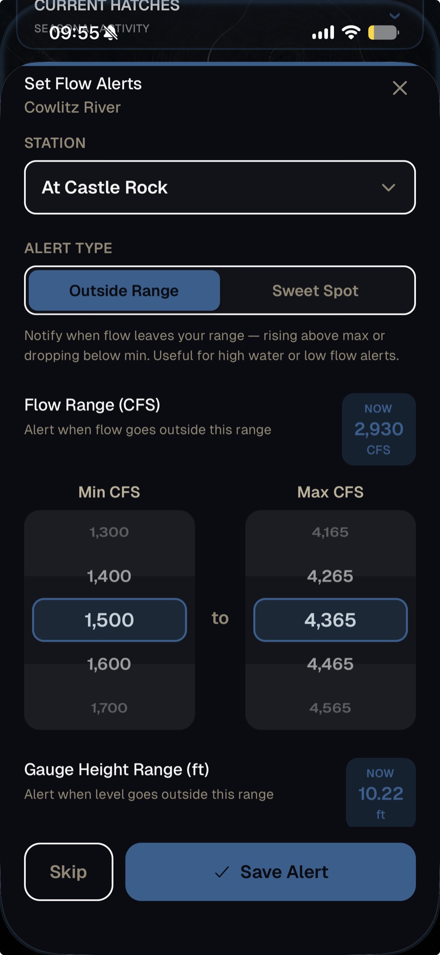 Baseline Maps flow alert setup — choosing a CFS range with the current reading shown