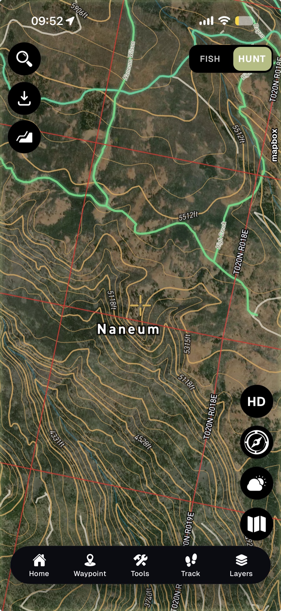 Baseline Maps hunt map over the Naneum unit — satellite, contours, roads, and township grid