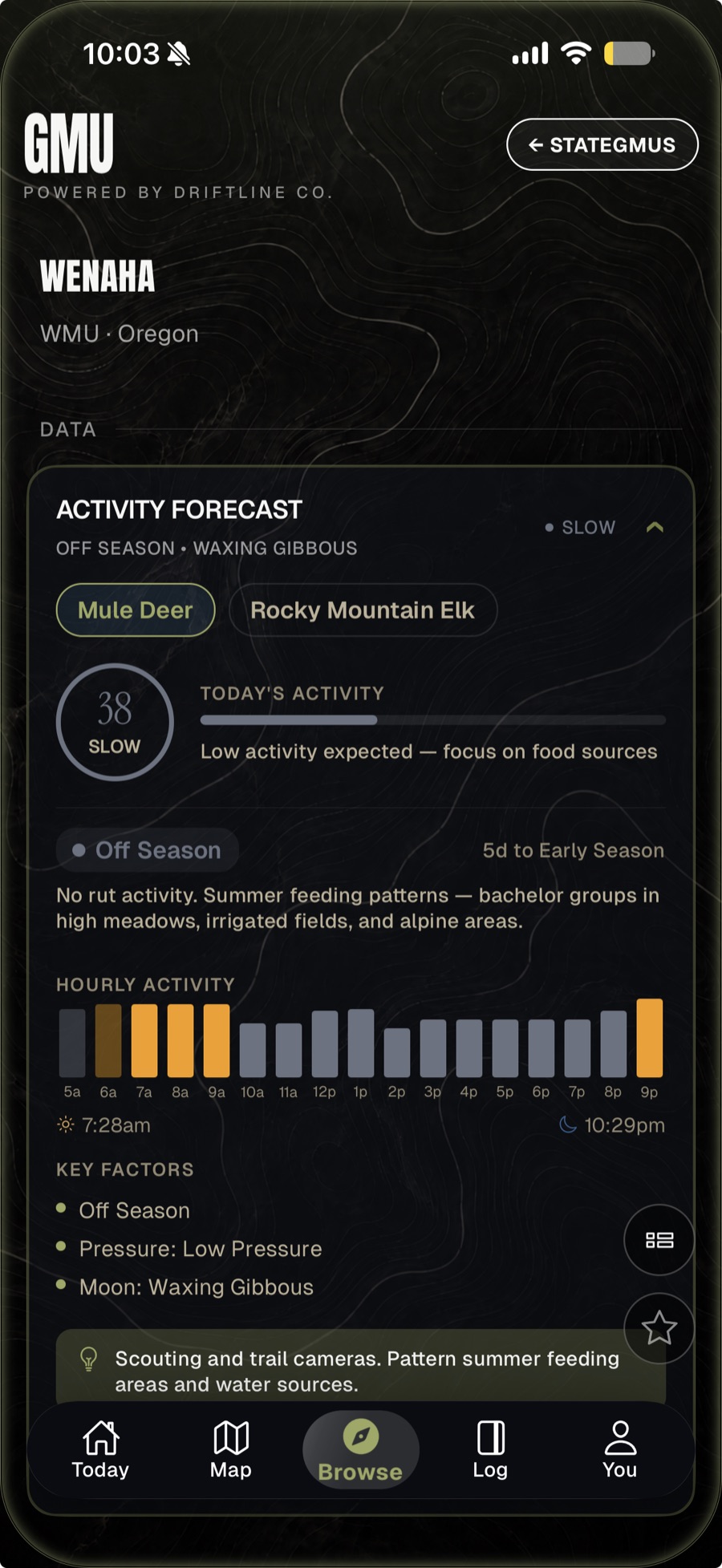 Baseline Maps activity forecast for the Wenaha unit — species tabs, hourly activity chart, and key factors