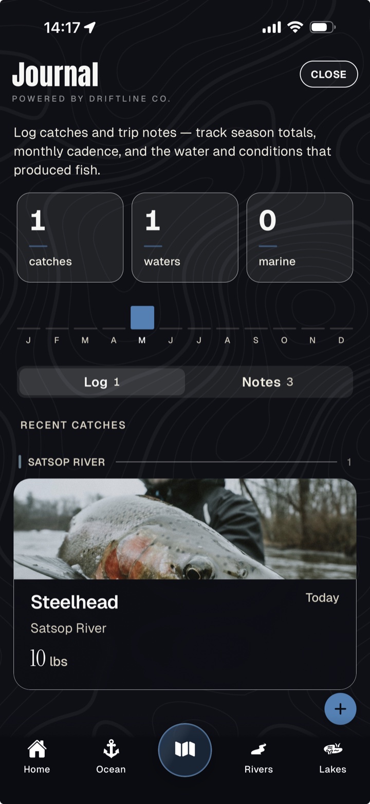 Baseline Maps Journal screen showing season catch totals and a logged steelhead on the Satsop River
