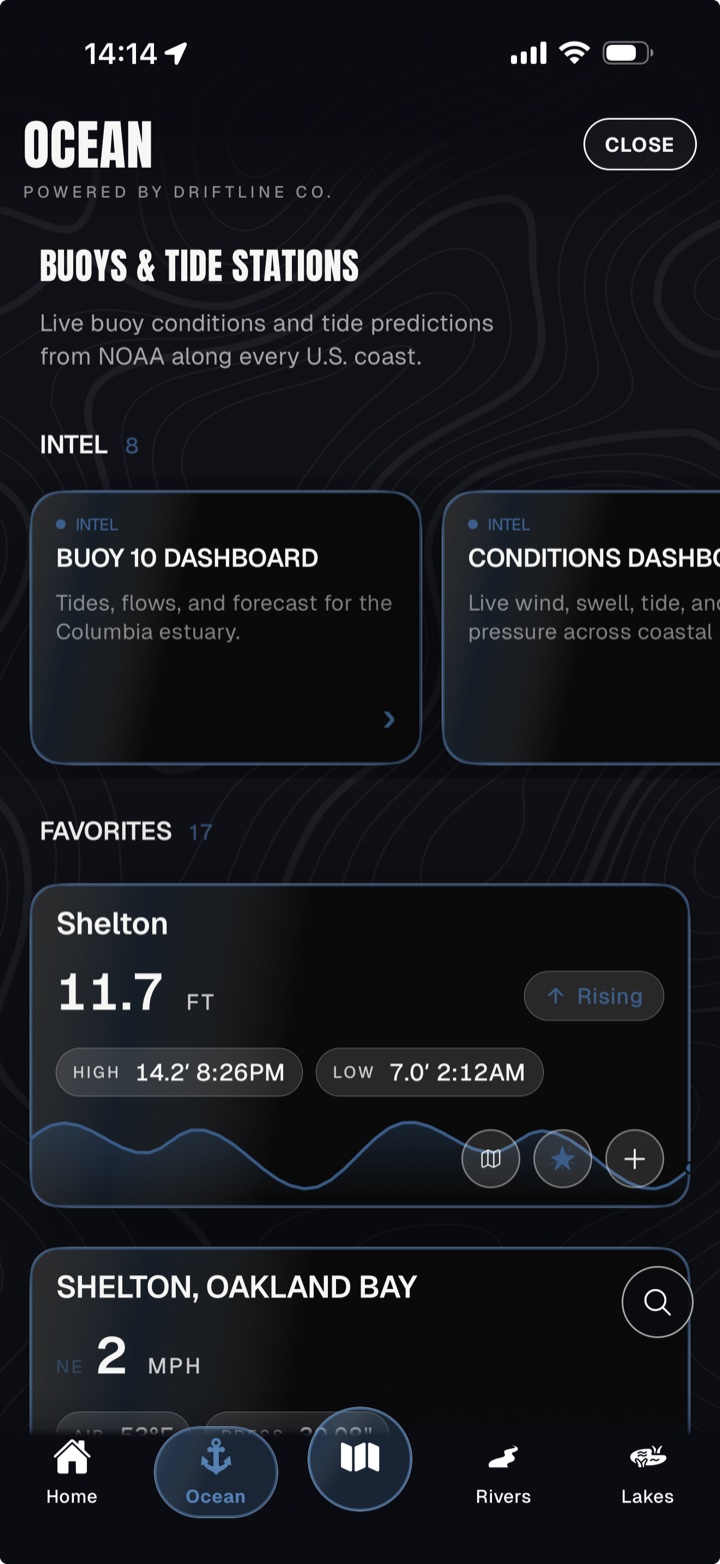 Baseline Maps Ocean screen showing live NOAA buoy conditions and tide predictions
