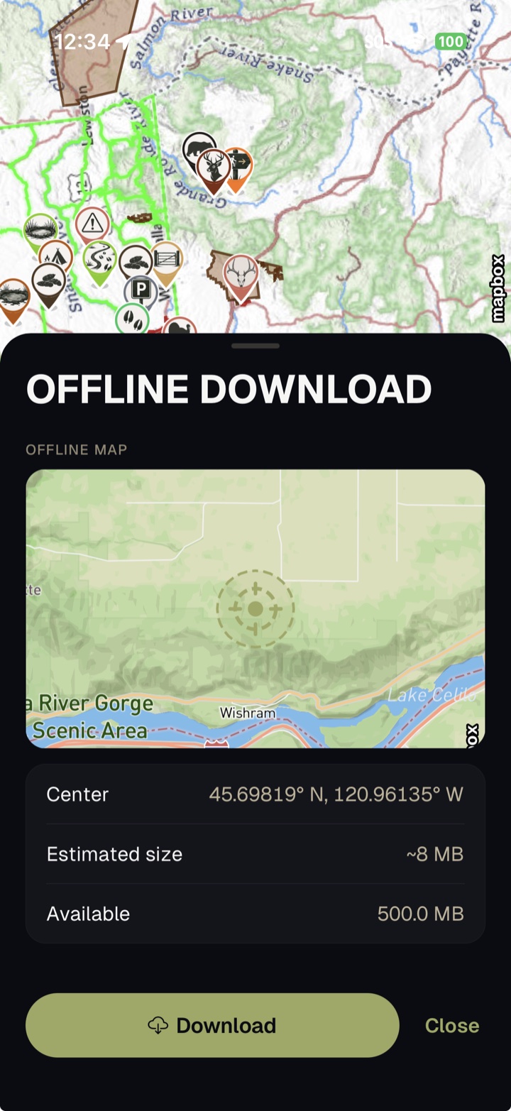 Baseline Maps offline download sheet showing a selected map region with estimated size