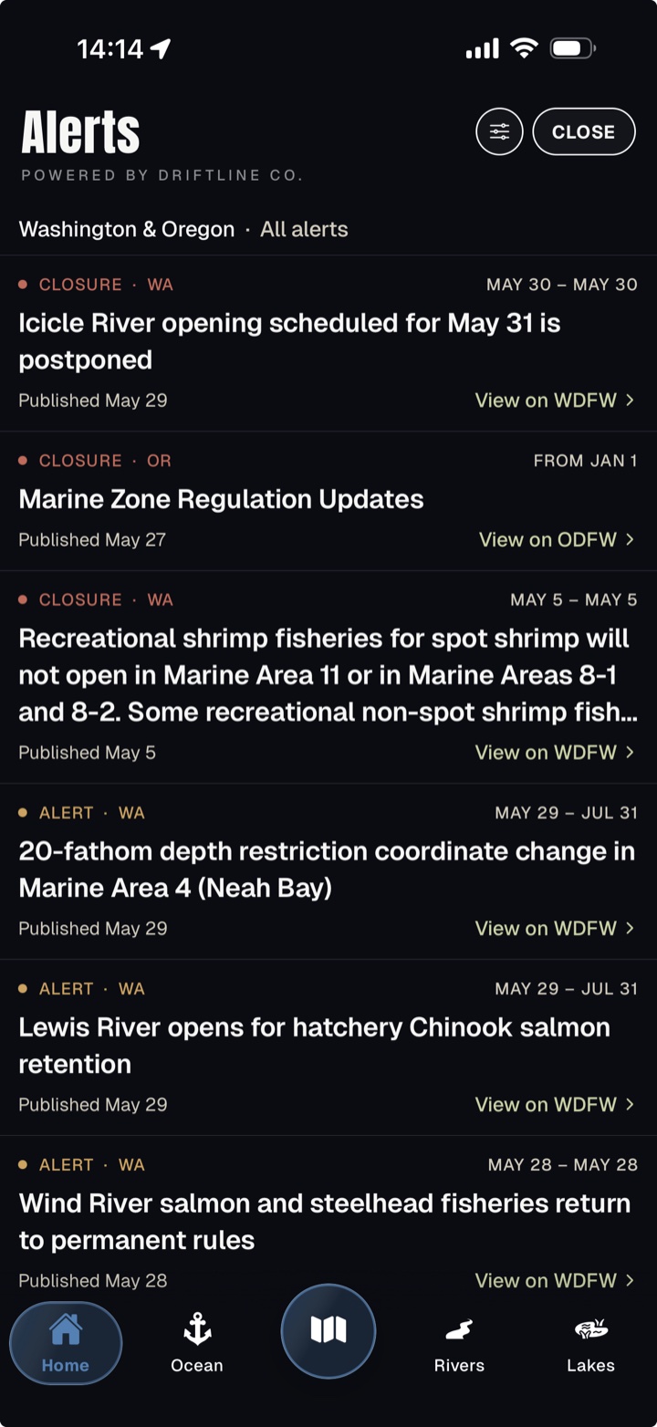 Baseline Maps Alerts screen showing WDFW and ODFW emergency rule changes and closures