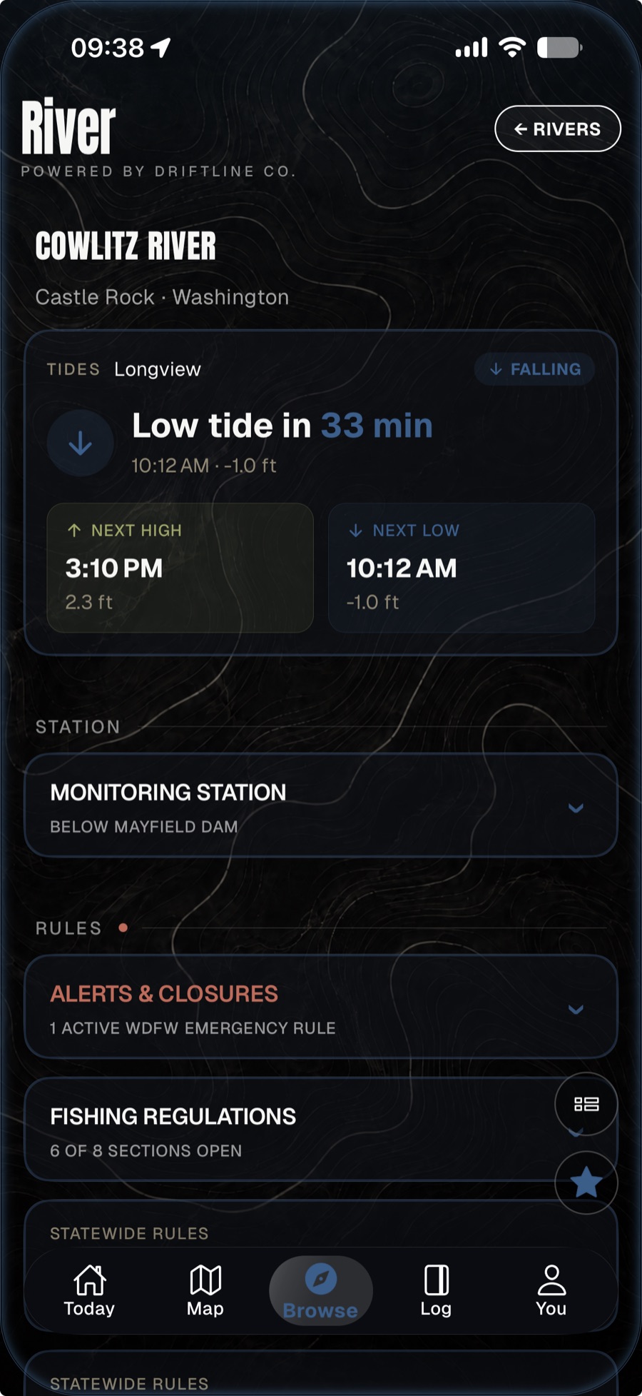 Baseline Maps river detail screen for the Cowlitz River — tides, monitoring station, and regulations